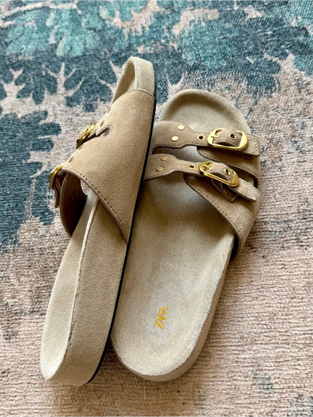Zara Suede Leather Buckle Strap Studded Sandals in Camel Tan - 7.5